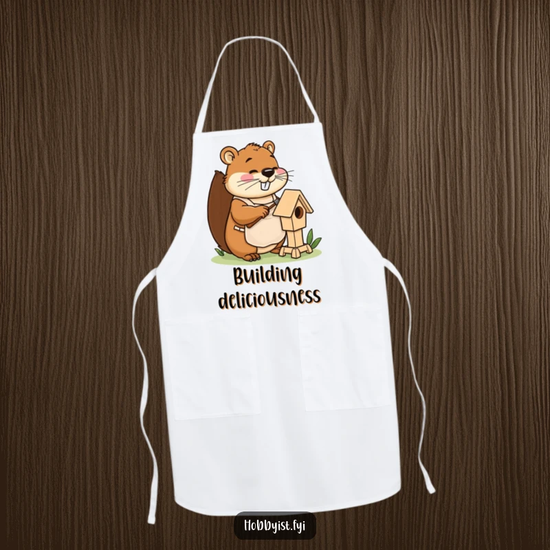 Funny beaver apron with apron, happily hammering a miniature birdhouse, perfect for hilarious crafting sessions.