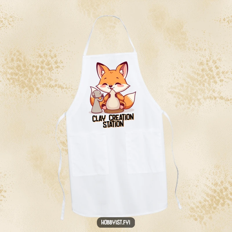 Funny apron showing a giddy fox sculptor at work, great for messy creative sessions and as a delightful funny gift.