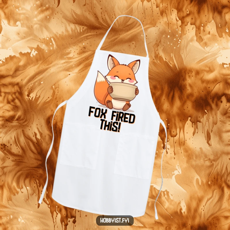 Funny apron with a happy fox proudly displaying a handmade ceramic pot, ideal for protecting clothes during pottery sessions.