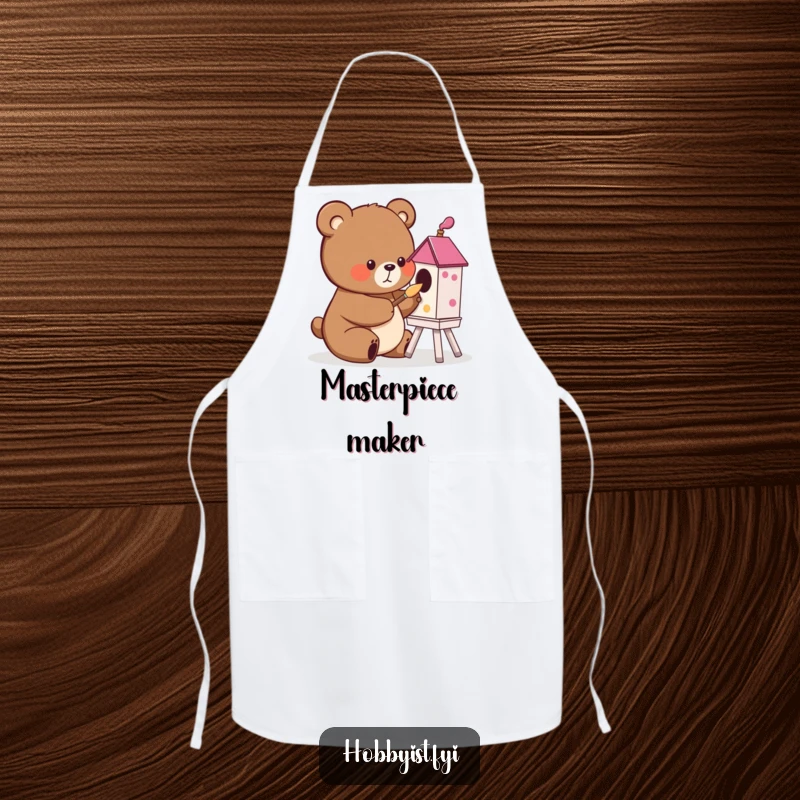Funny cute bear painting a birdhouse with a tiny brush, on a kitchen apron, adding artistic humor to cooking for gifts.
