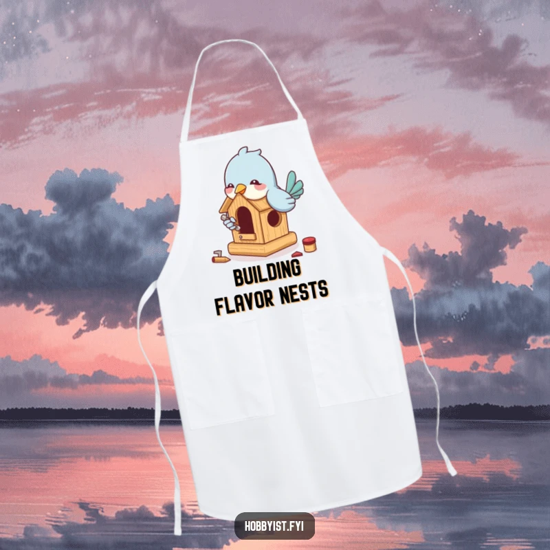 Funny Bird Builder Apron: A playful bird enthusiastically builds a miniature birdhouse with tiny tools, bringing humor to building tasks.