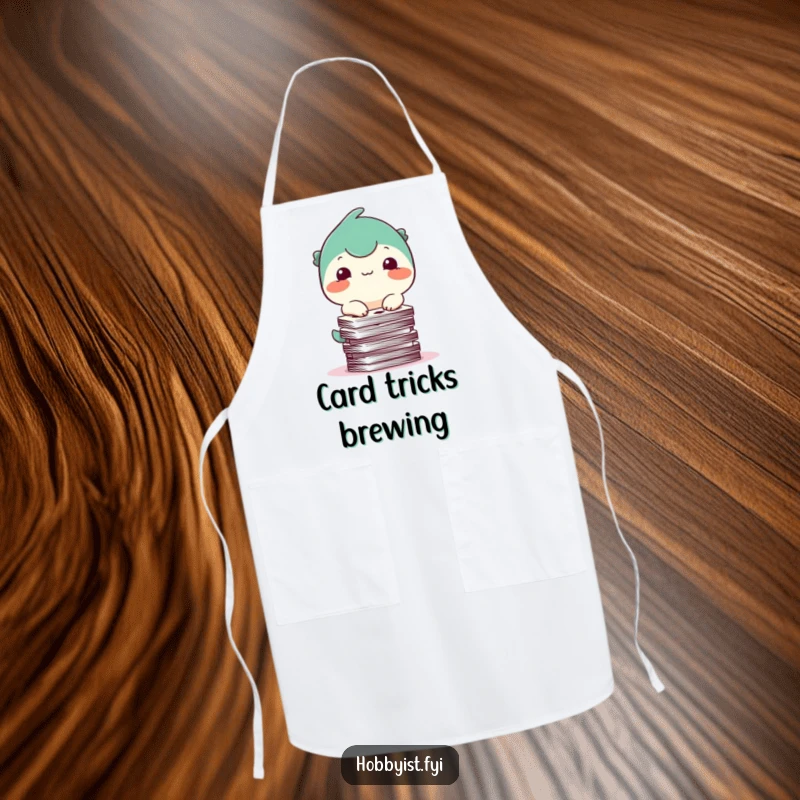 Funny Apron: A happy creature with a small smile tries to balance a stack of playing cards while cooking, bringing humor to the kitchen.