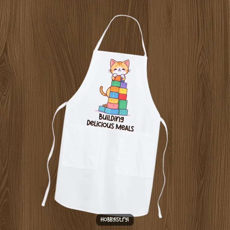 Funny Cat Blocks Tower Apron: A playful cat building a tower of colorful blocks, designed for a fun kitchen experience.