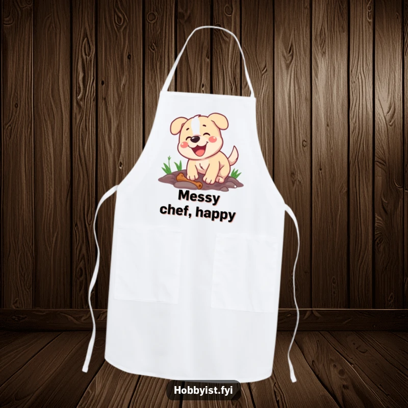 Funny apron featuring a happy dog energetically digging a hole, with a bone nearby, perfect for gardening and messy play.