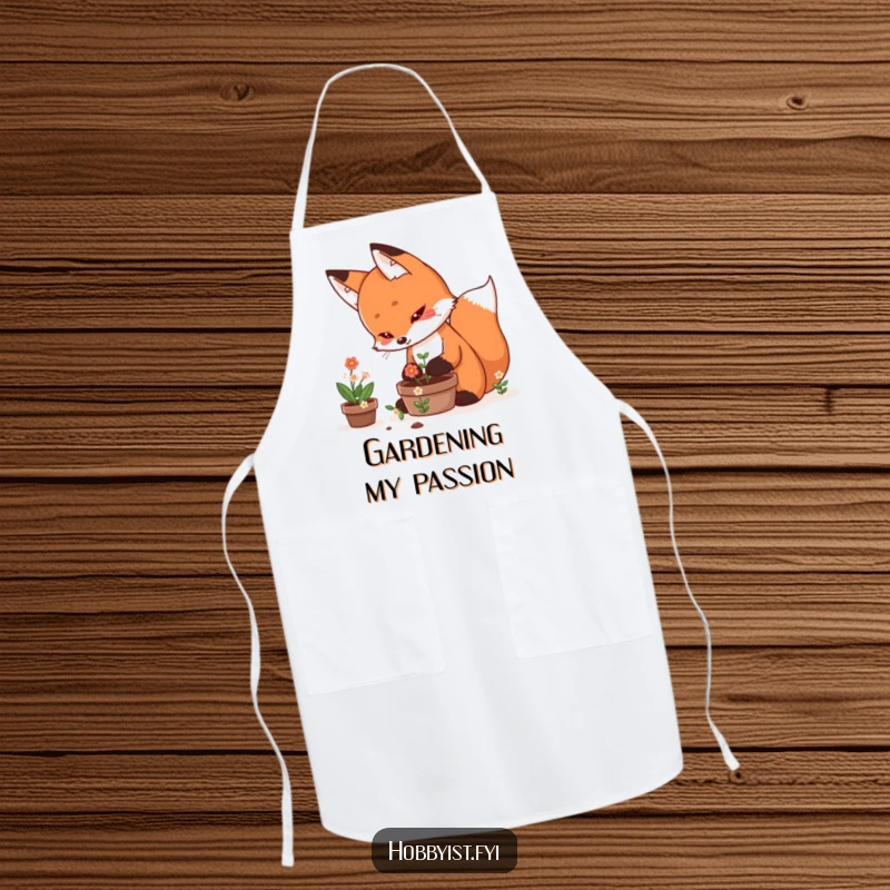 Funny Apron showing a determined kawaii fox meticulously tending a tiny pot of blooming flowers, perfect for messy gardening tasks.
