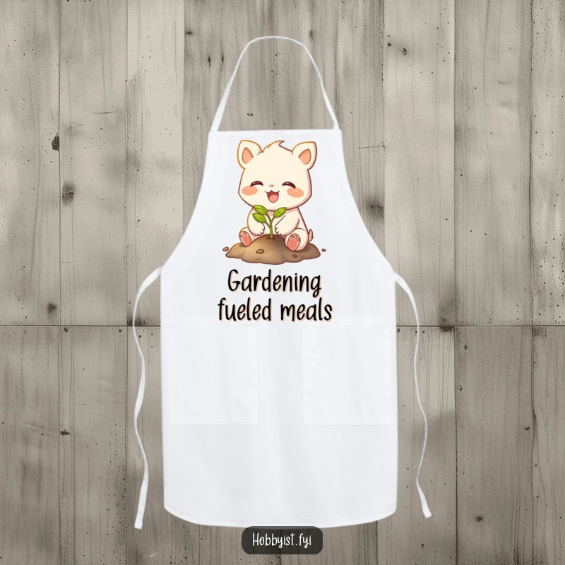 Funny apron showing a joyful creature with small paws planting a tiny, glowing sapling, ideal for garden enthusiasts