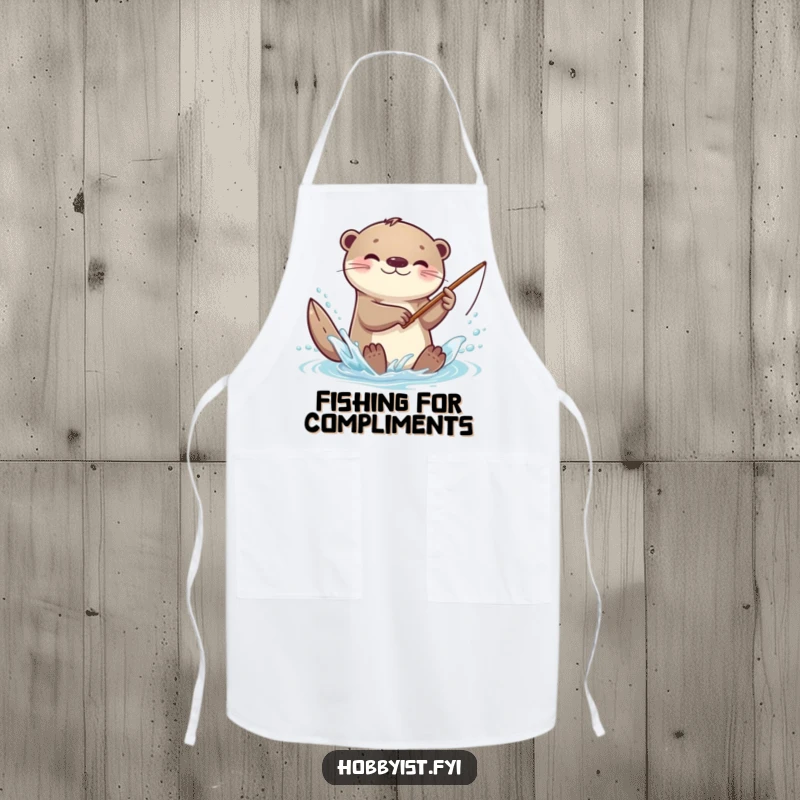 Funny kawaii otter apron, showing an otter splashing playfully with a small fishing rod, ready for kitchen fun.