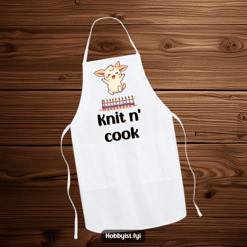 Funny Leaping Creature Apron: an energetic character with flapping ears jumping over tiny knitting needles, ideal for crafting, a funny gift.