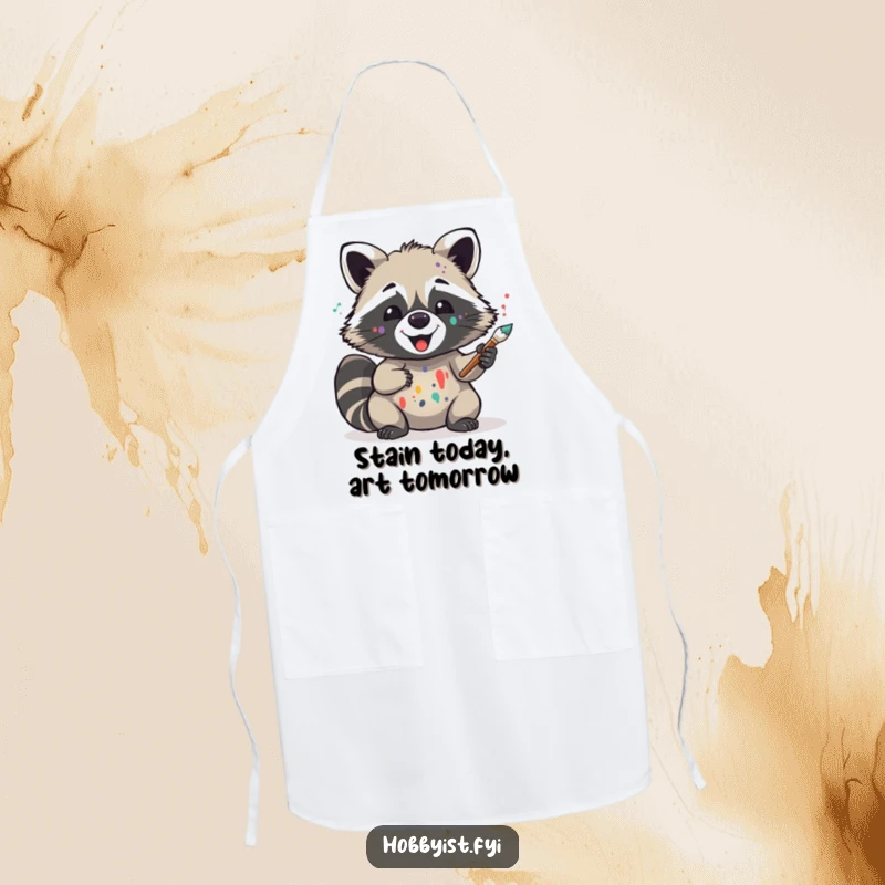 Funny chef apron featuring a delighted raccoon artist with paint splatters, holding a brush, perfect for messy cooking and baking sessions.