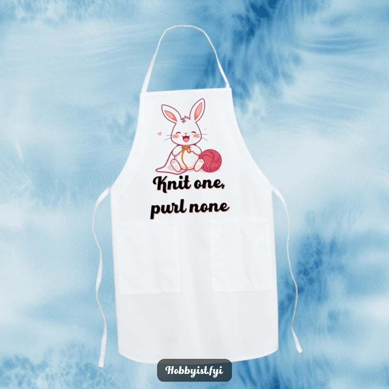 Funny Apron featuring a joyful rabbit enthusiastically knitting a colorful yarn ball, designed to keep crafters clean and inspired.