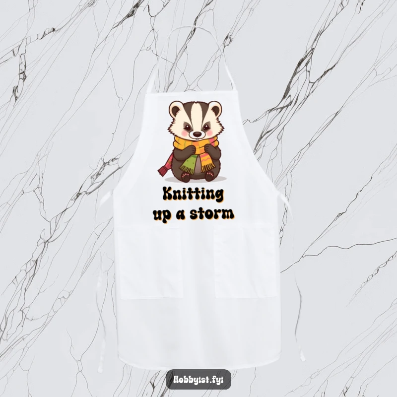 Funny Apron showing a skilled kawaii badger expertly knitting a tiny, colorful scarf, perfect for keeping yarn and messes at bay.