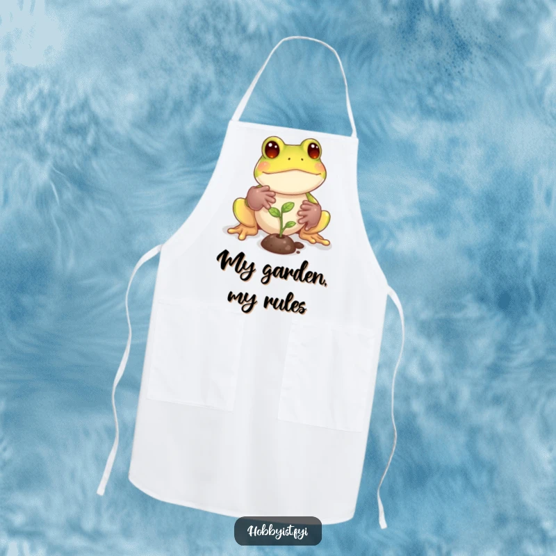 Funny Frog Apron: A playful frog with tiny gardening gloves tends to a miniature sprout, keeping the gardener neat while cultivating, a fun funny gift.