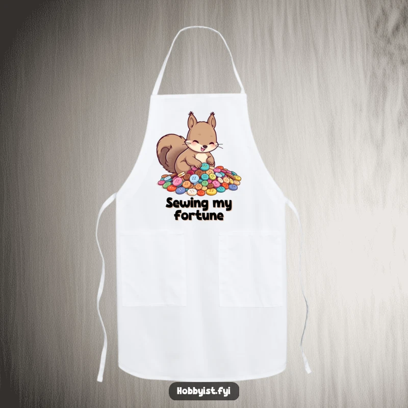 Funny apron featuring a smiling squirrel diligently sorting a pile of shiny buttons, perfect for a humorous cooking experience.