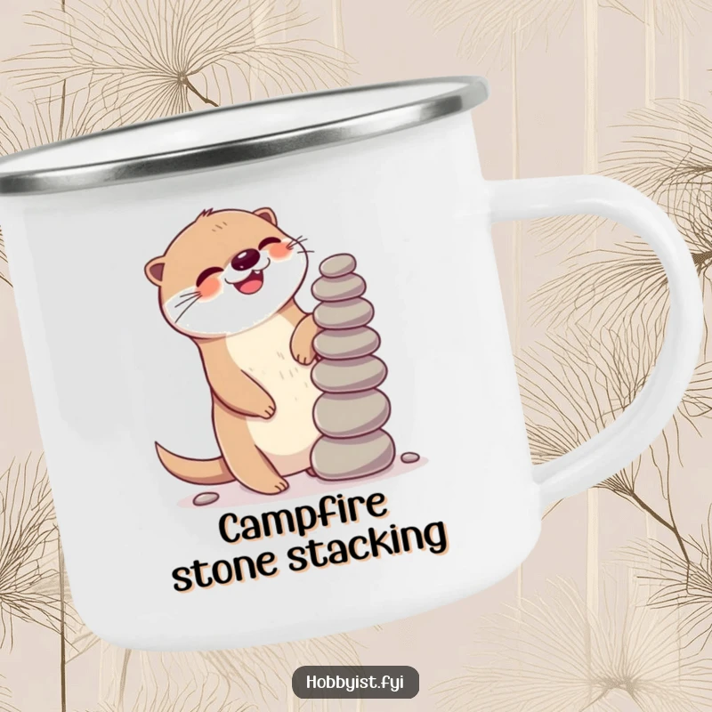 Funny Kawaii otter camping mug, featuring a giggling otter balancing pebbles, perfect for outdoor brews and playful trips.