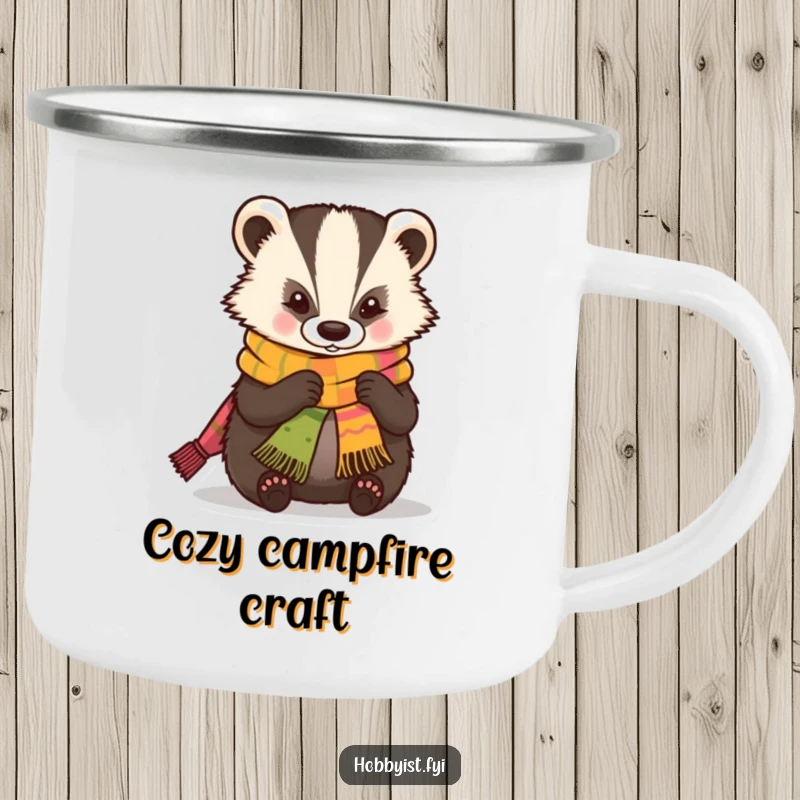 Funny Camping Mug showcasing a skilled kawaii badger expertly knitting a miniature, colorful scarf, perfect for cozy outdoor crafting.