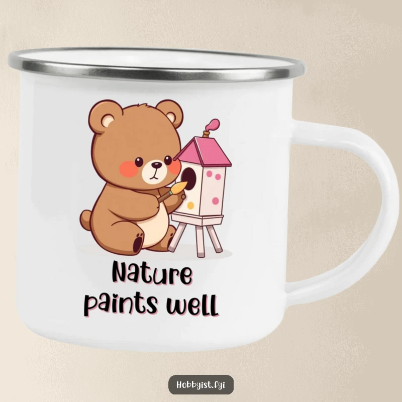 Funny cute bear painting a birdhouse with a tiny brush, on a camping mug, perfect for humorous outdoor creativity and gifts.