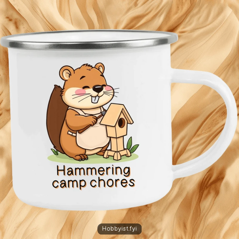 Funny beaver camping mug with apron, happily hammering a miniature birdhouse, for hilarious outdoor builds.