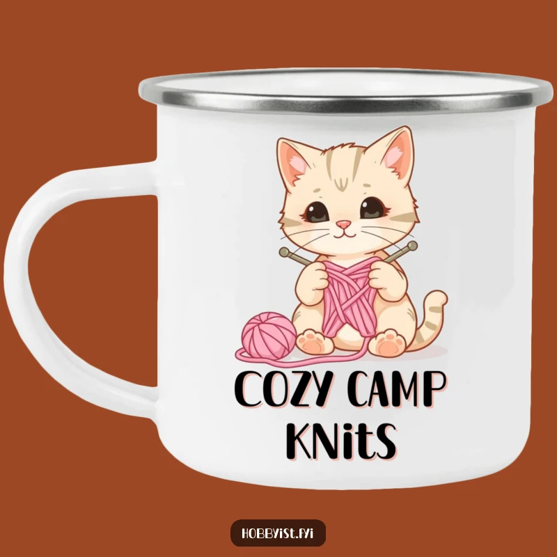 Funny Cat Camp Mug - Curious Knitter Feline, Outdoor Crafting Humor, Cozy Camp Gift