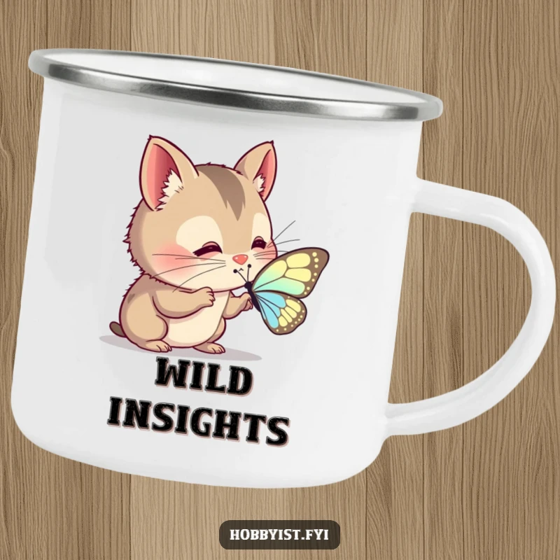 Funny Camping Mug: A curious creature with twitching whiskers examines a delicate butterfly wing, perfect for outdoor exploration.