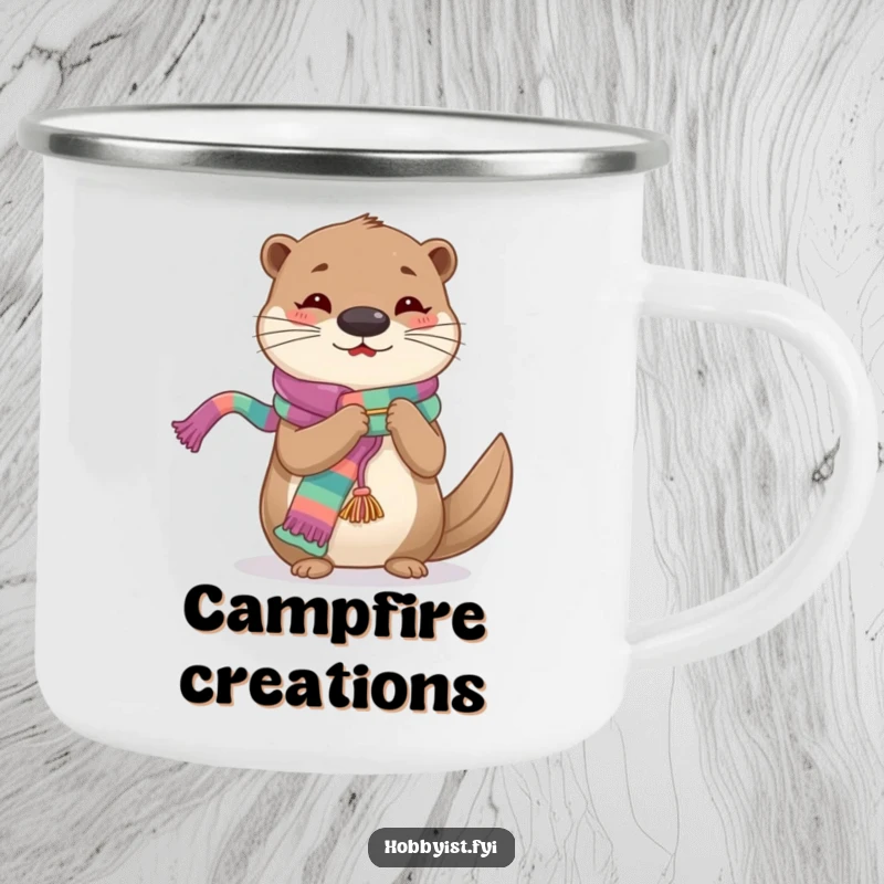 Funny Knitting Otter Camping Mug, a cheerful otter knitting a long, colorful scarf, perfect for outdoor crafters.