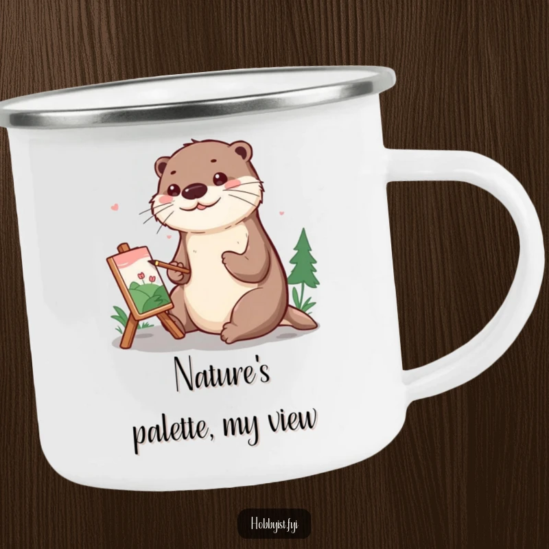 Funny Camping Mug featuring a cheerful otter painting a tiny landscape, ideal for enjoying art and nature outdoors.