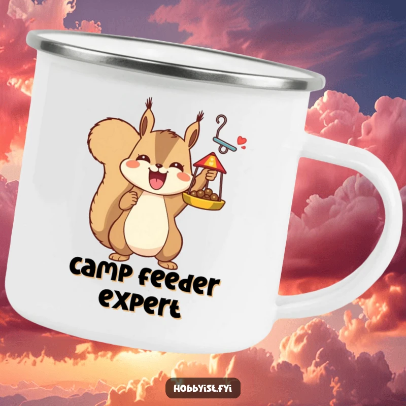 Funny joyful squirrel holding a bird feeder, on a camping mug, perfect for humorous outdoor celebration and gifts.