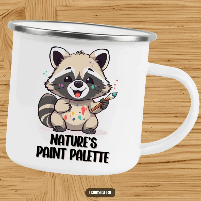 Funny enamel camping mug featuring a delighted raccoon artist with paint splatters, holding a brush, ideal for outdoor enthusiasts and creatives.