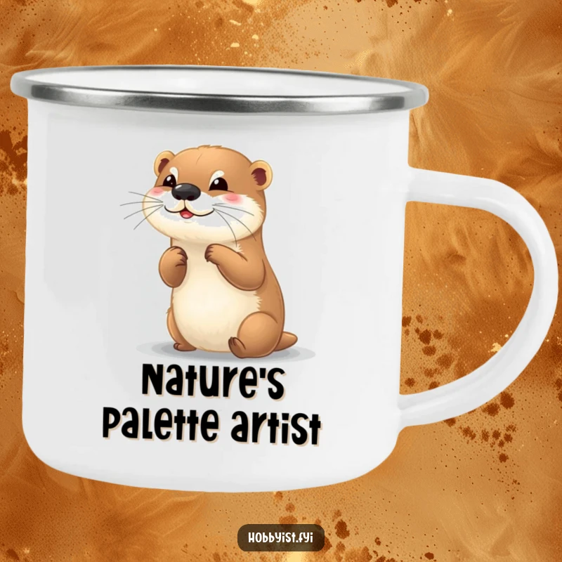 Funny camping mug with a playful otter painting a small, colorful picture, ready for outdoor artistic endeavors.