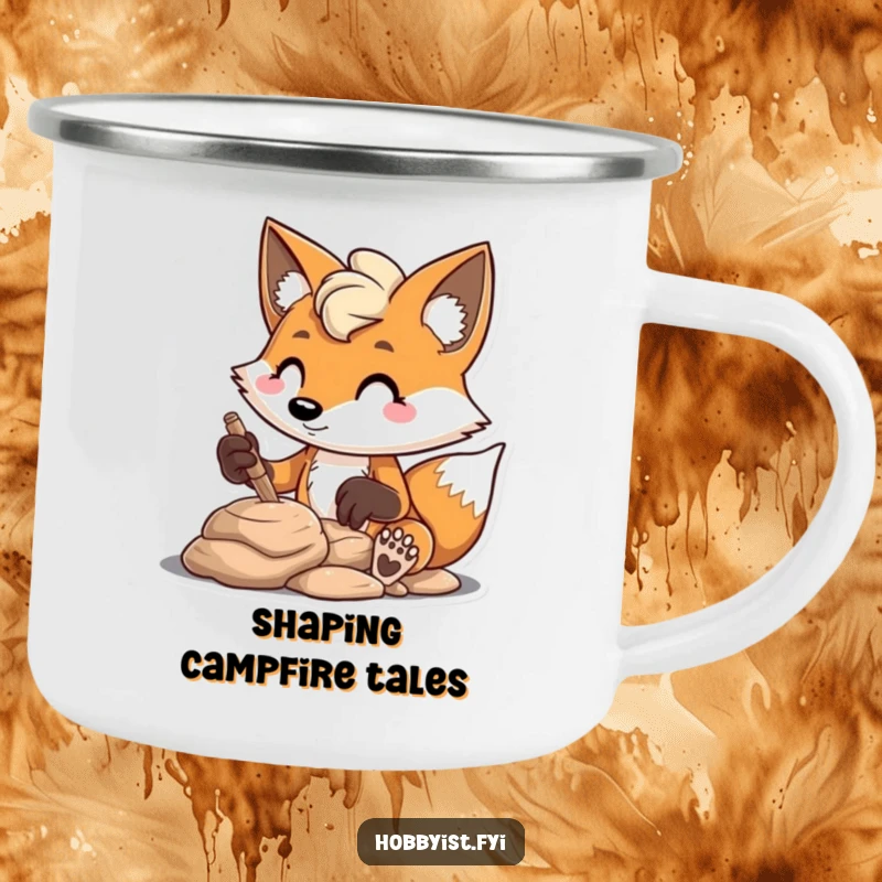 Funny mischievous fox sculpting clay with focus, on a camping mug, perfect for humorous outdoor creativity and gifts.