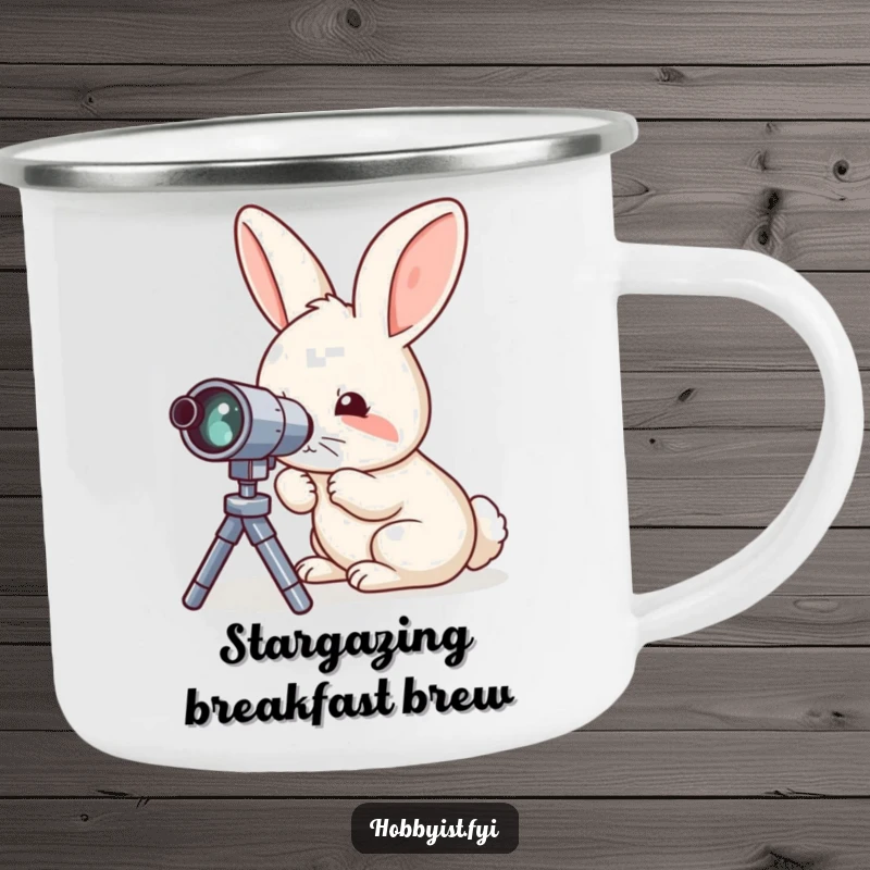Funny camping mug featuring a curious rabbit meticulously examining a tiny telescope, perfect for stargazing by the campfire.