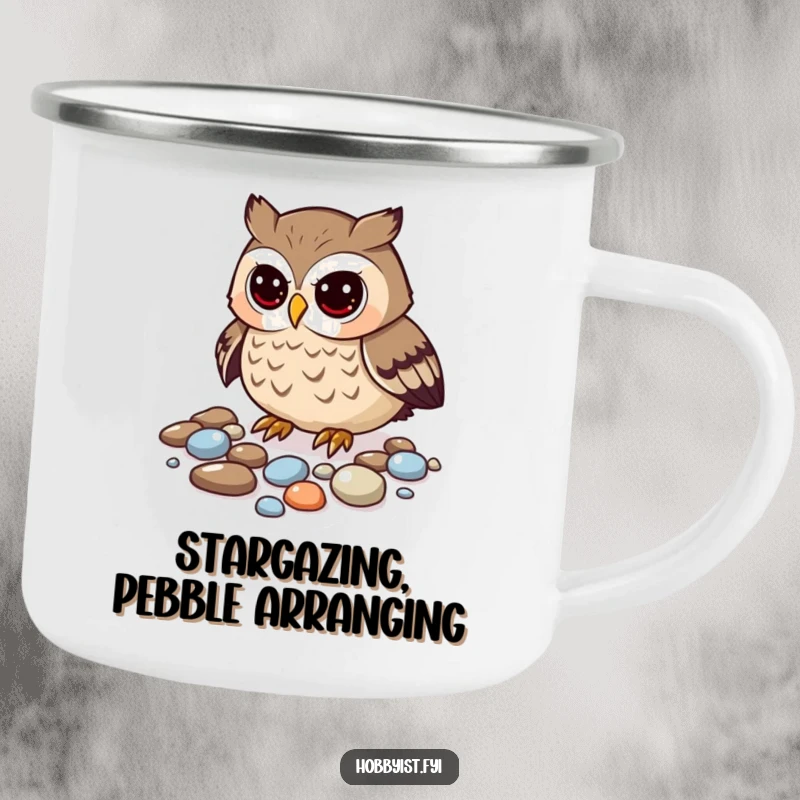 Funny owl camping mug, curious owl arranging pebbles, outdoor collector's item.