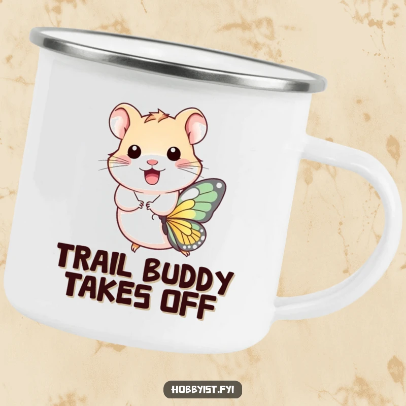 Funny Camping Mug: A cheerful hamster rides a butterfly, ready for adventure, bringing a touch of whimsy to outdoor excursions.