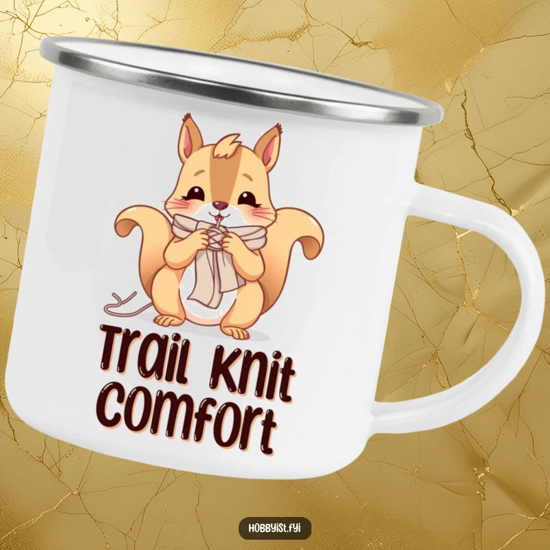 Funny camping mug showing a cheerful squirrel knitting a tiny scarf, perfect for enjoying coffee outdoors with crafty charm.