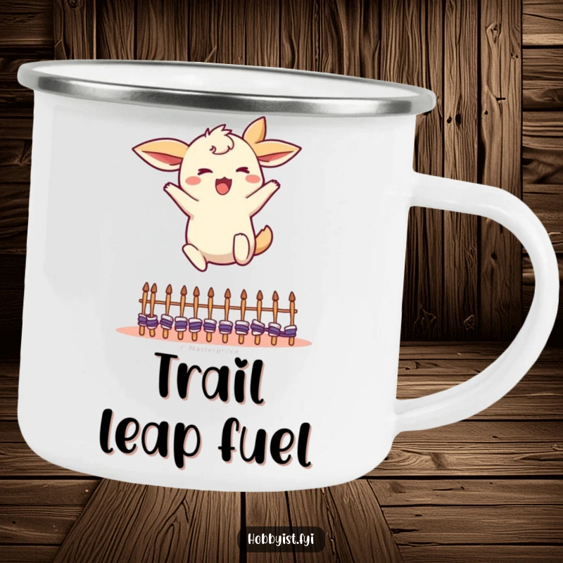 Funny Leaping Creature Camping Mug: an energetic character with flapping ears jumping over tiny knitting needles, a sturdy funny gift.