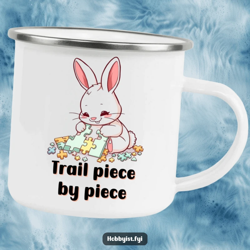 Funny Rabbit Puzzle Camping Mug: A delighted rabbit meticulously assembles a complex puzzle with intense focus, ideal for outdoor focus and humor.