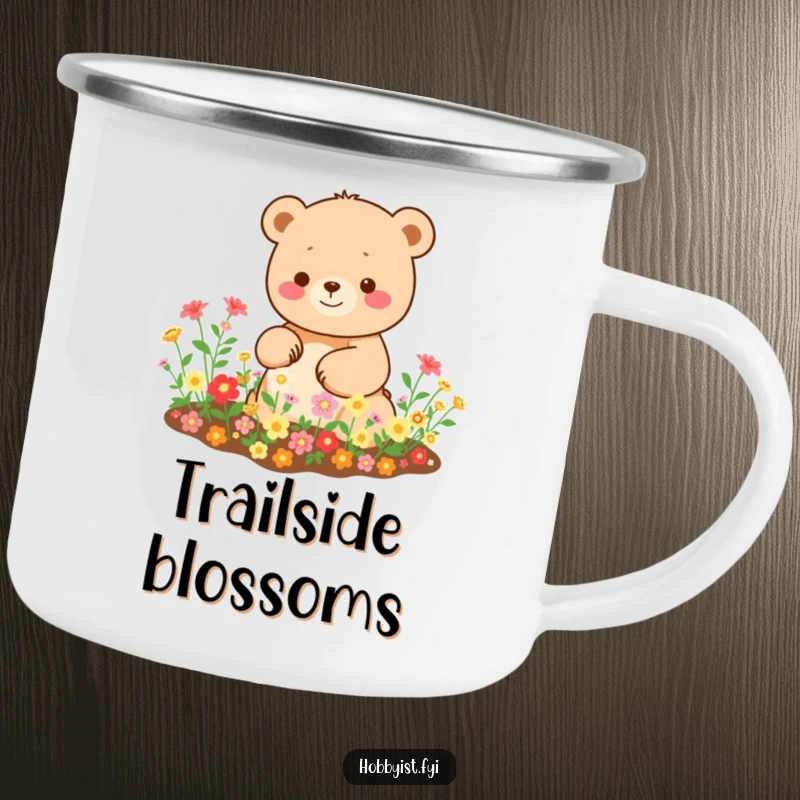 Funny Kawaii bear camping mug, featuring a happy bear tending a miniature garden, perfect for outdoor brews and cheerful trips.