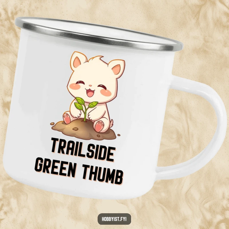 Funny camping mug featuring a joyful creature with small paws planting a tiny, glowing sapling, celebrating the outdoors