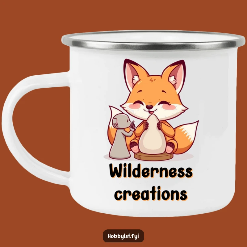 Funny Fox Sculptor Camping Mug: Giddy Artist's Enamel Cup, Great Outdoor Humorous Gift