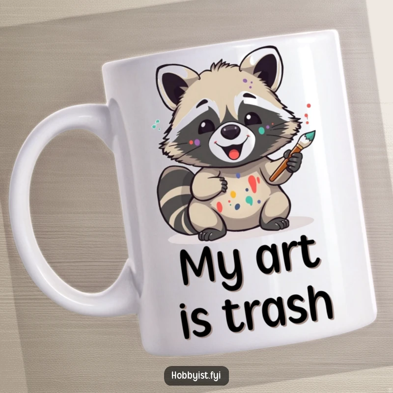 Funny painter raccoon mug with paint splatters on its face, joyfully holding a paintbrush, embodying creative chaos and artistic delight.