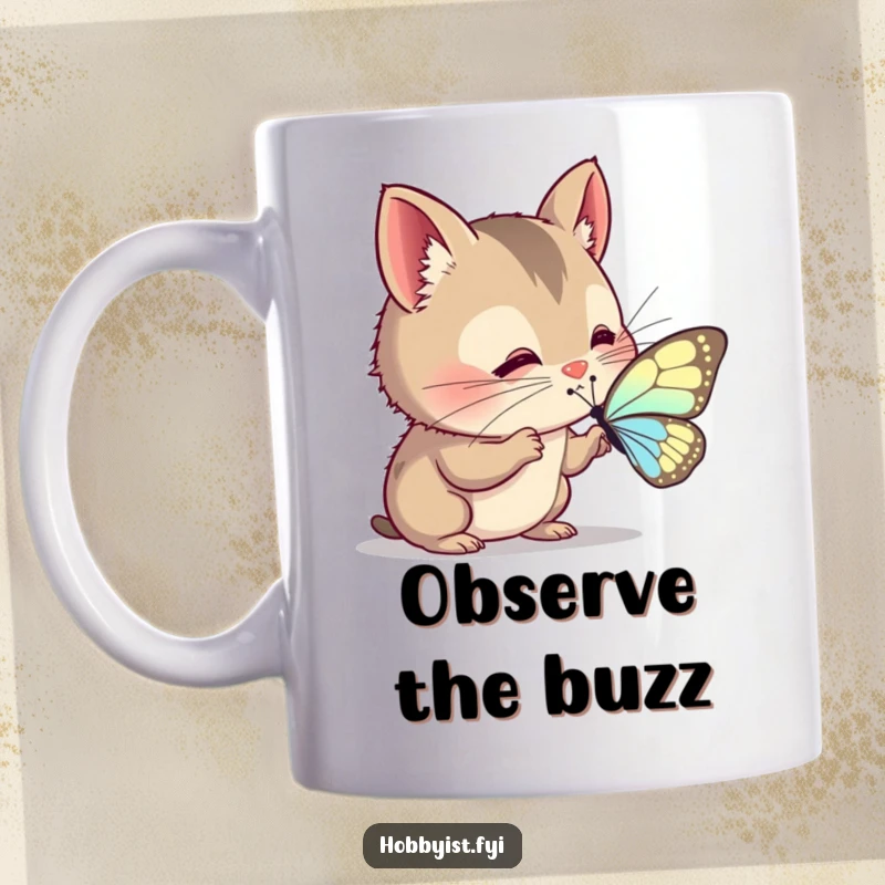Funny Mug: A curious creature with twitching whiskers intently examines a delicate butterfly wing, showcasing fascination and wonder.