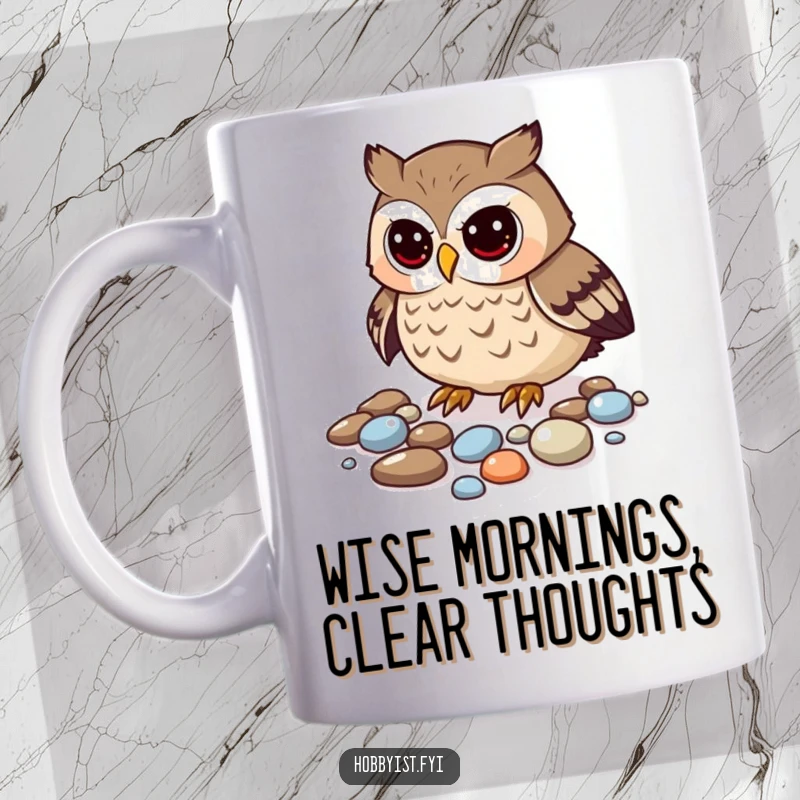 Funny owl mug showing a curious owl meticulously arranging a pile of shiny pebbles with focus.