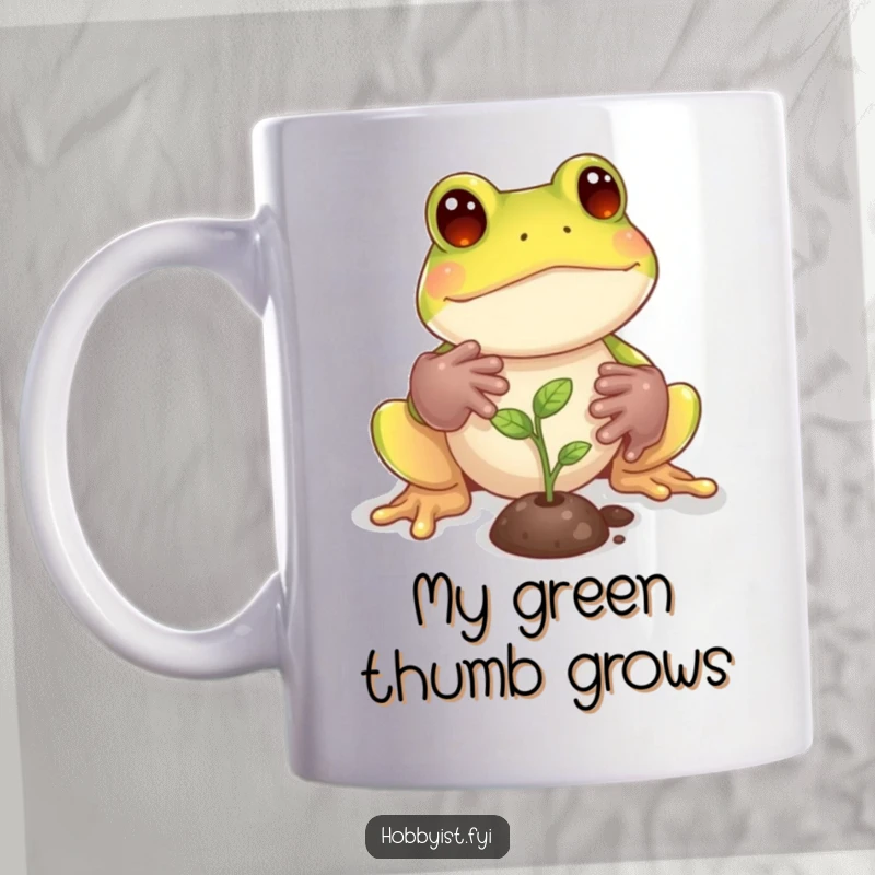 Funny Frog Mug: A playful frog with tiny gardening gloves tends to a miniature sprout, showing care and nurturing, a great funny gift.