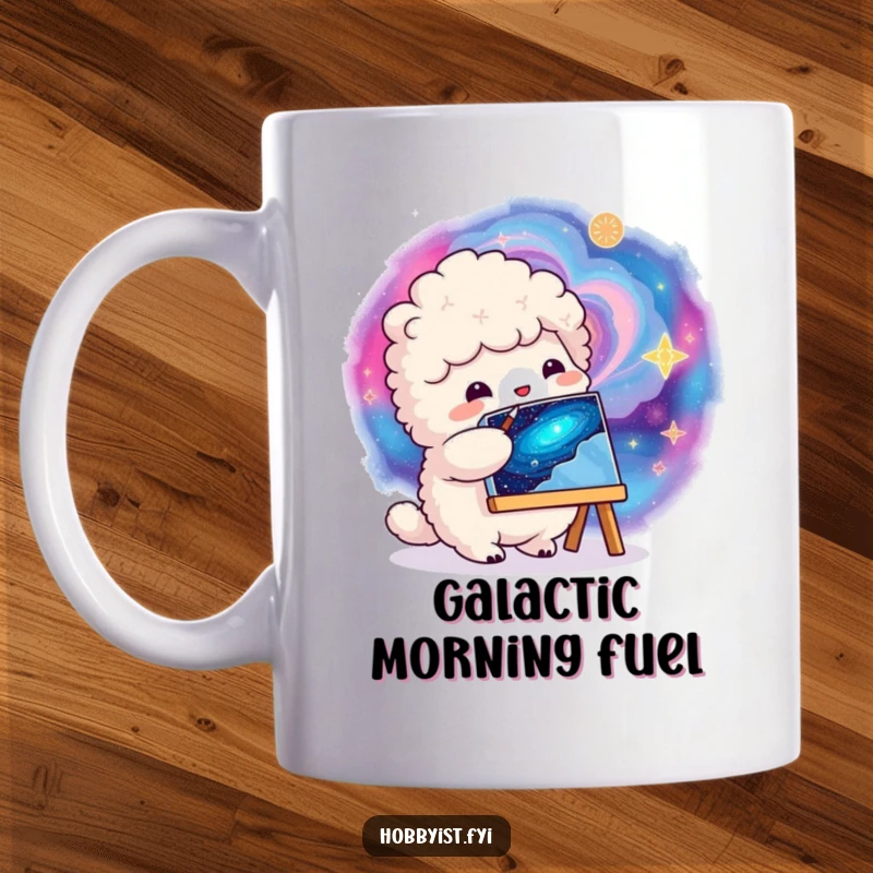 Funny fluffy creature happily painting a vibrant swirling galaxy on a small canvas, featured on a whimsical mug.