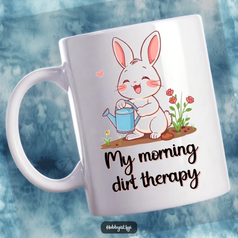 Funny gardening rabbit mug featuring a cheerful bunny with a tiny watering can, enthusiastically tending to plants, perfect for garden lovers.