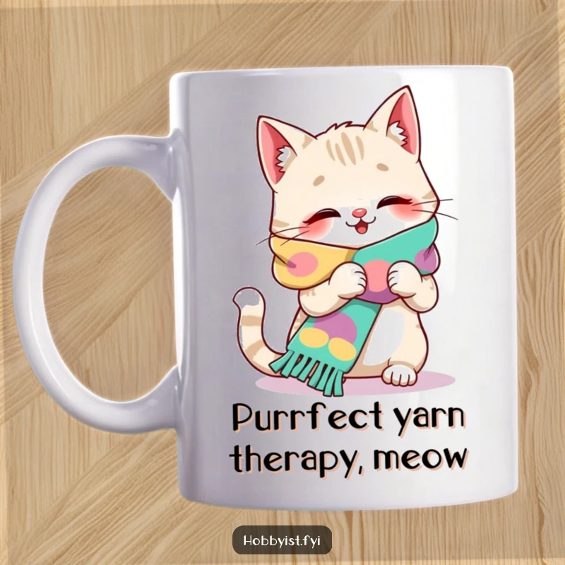 Funny cat mug of a giggling feline intensely knitting a vibrant, oversized scarf, showcasing its hilarious hobby.