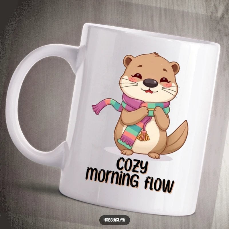 Funny Knitting Otter Mug, a cheerful otter character intently focused on knitting a long, colorful scarf, perfect for sipping.