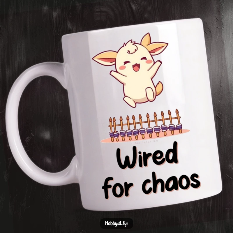Funny Leaping Creature Mug: an energetic character with flapping ears jumping over tiny knitting needles with excitement, a funny gift.