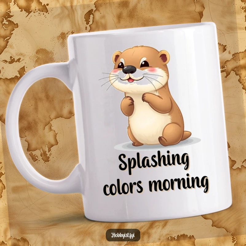 Funny mug showing a playful otter happily painting a small, vibrant picture with a brush.