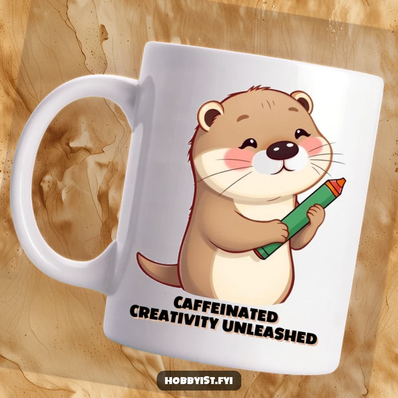 Funny Mug featuring a playful otter sketching a whimsical portrait with a large crayon, full of artistic energy.