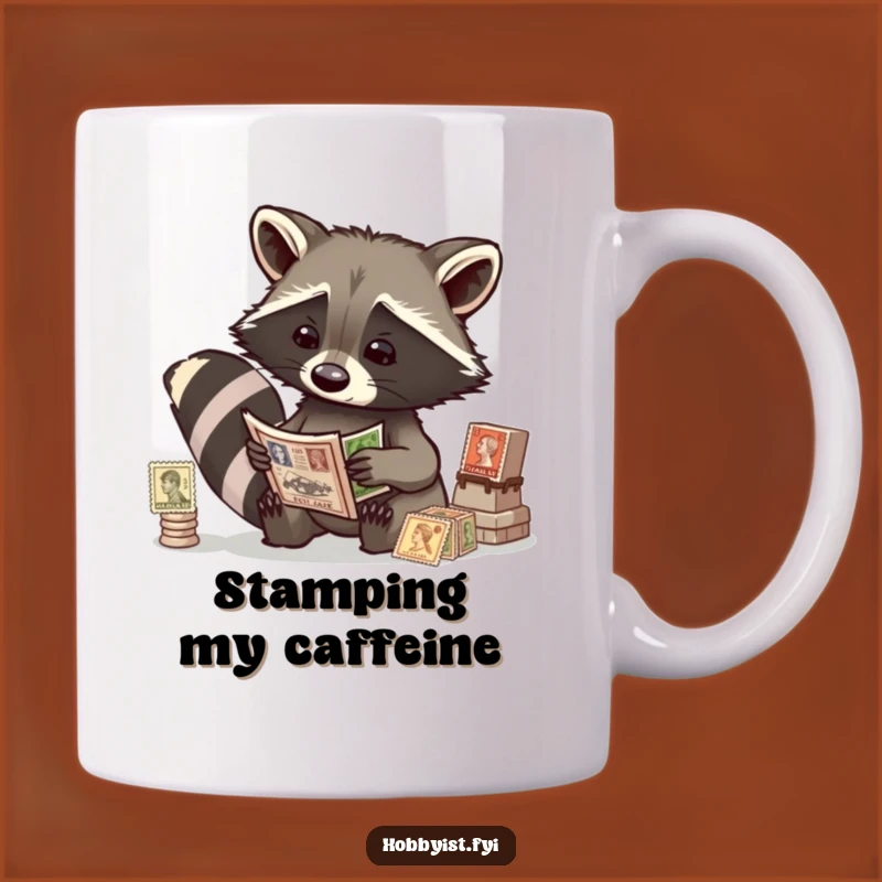 Funny Raccoon Stamp Collector Mug - Quirky Gift for Philatelists & Trash Pandas